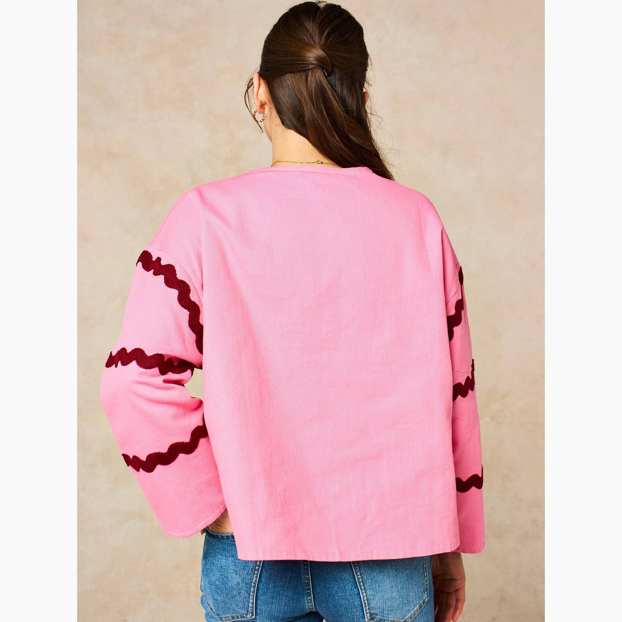 Wavy Trim Cotton Twill Jacket in Pink