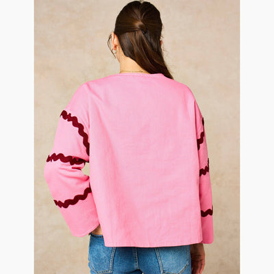 Wavy Trim Cotton Twill Jacket in Pink