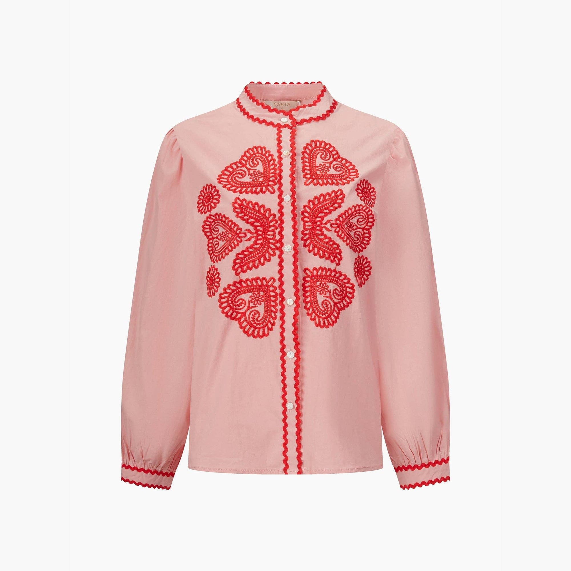 Embroidered Hearts Long Sleeve Cotton Shirt in Pink