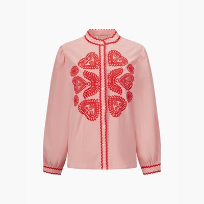 Embroidered Hearts Long Sleeve Cotton Shirt in Pink