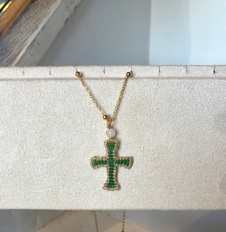 Hand beaded cross necklace in emerald green