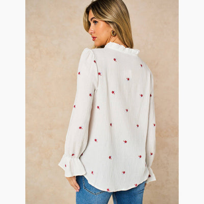 Floral Long Sleeve Double Gauze Cotton Shirt in White