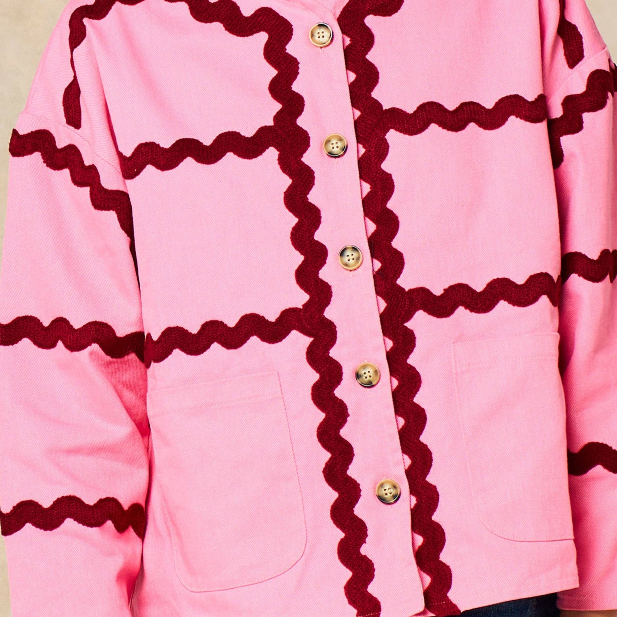 Wavy Trim Cotton Twill Jacket in Pink