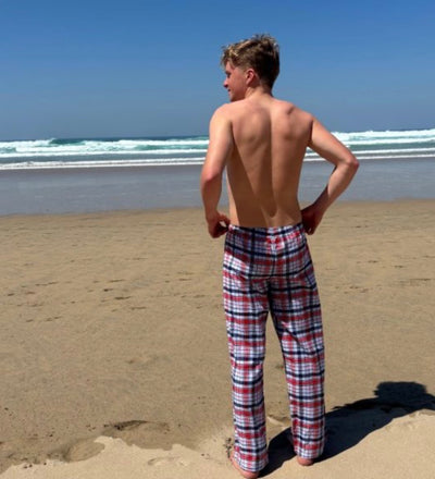 PJ Bottoms in Brushed Cotton Pale Blue, Red and Navy Check