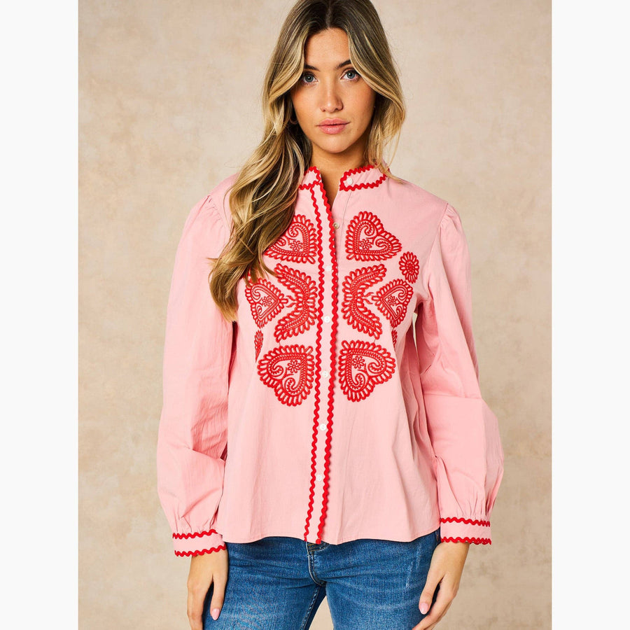 Embroidered Hearts Long Sleeve Cotton Shirt in Pink