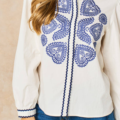 Embroidered Hearts Long Sleeve Cotton Shirt in White