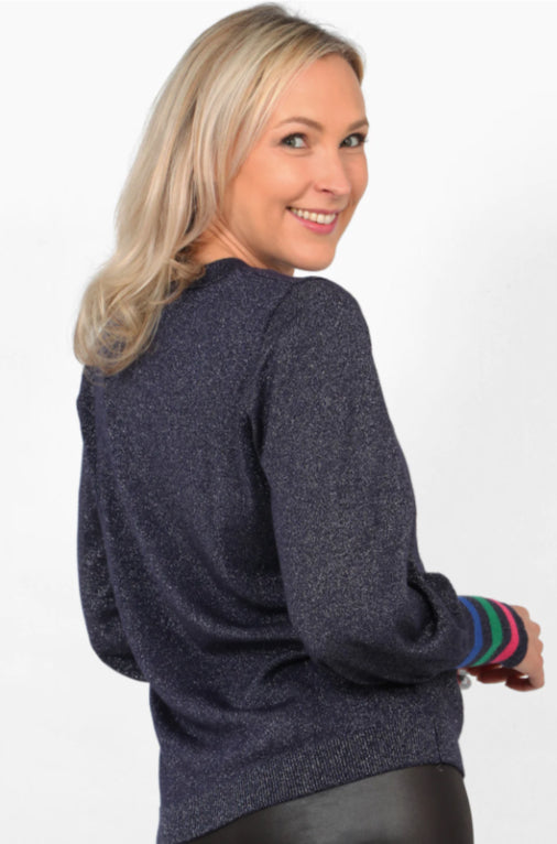 Navy Blue Striped Cuff Sparkle Jumper