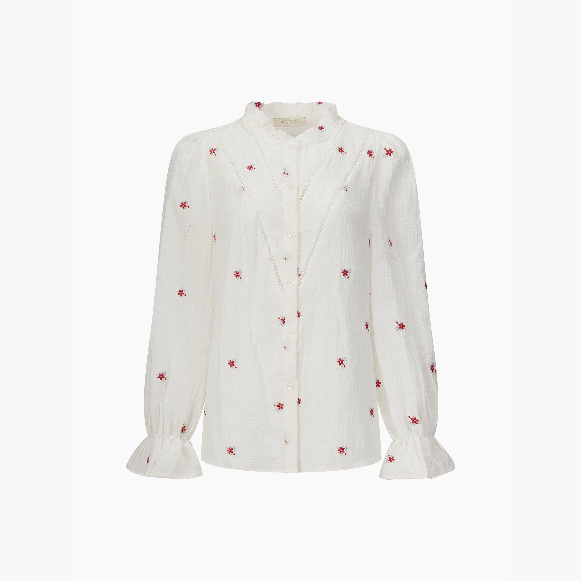 Floral Long Sleeve Double Gauze Cotton Shirt in White