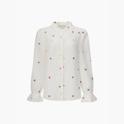 Floral Long Sleeve Double Gauze Cotton Shirt in White