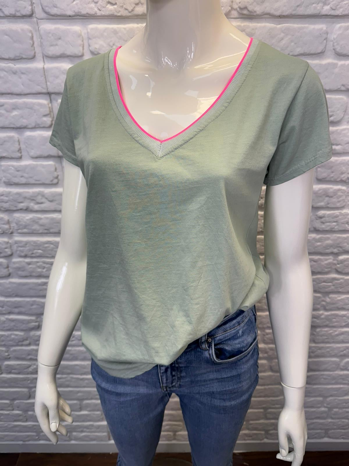 Aurina Ltd Neon Trim T shirt in light green with pink trim, worn by model