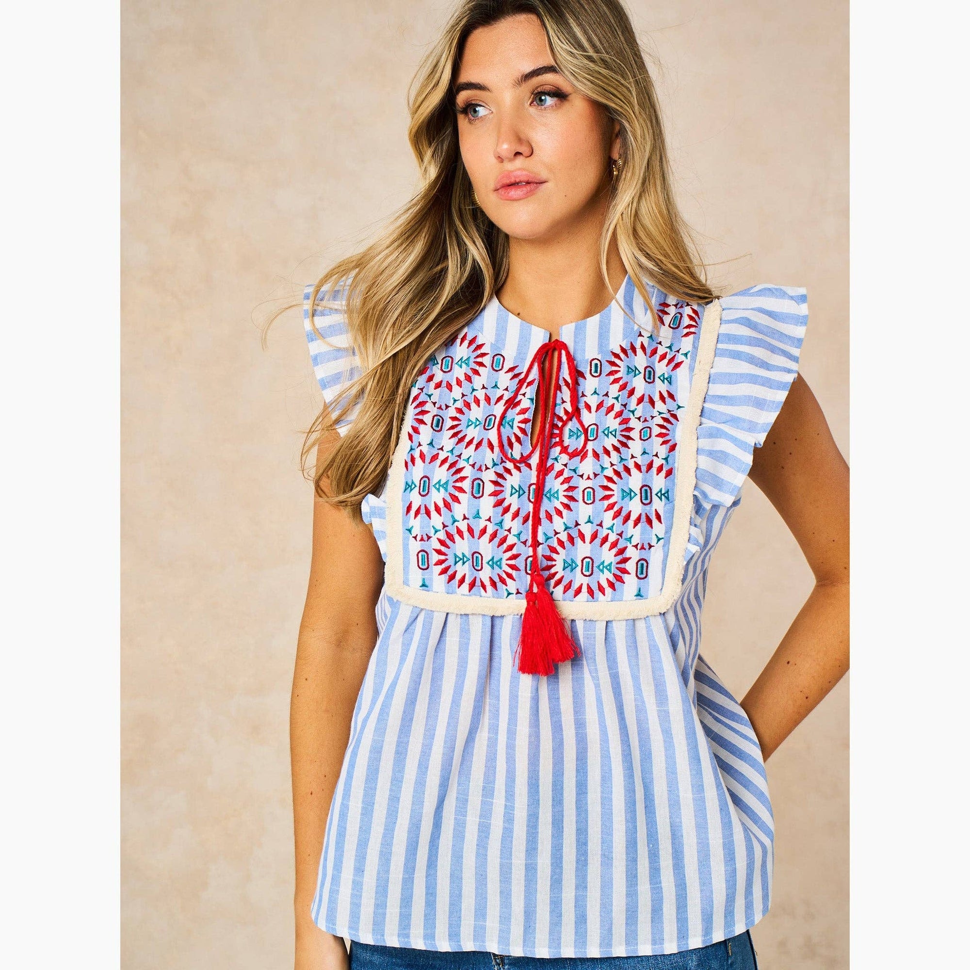 Embroidered Striped Ruffle Sleeve Cotton Shirt in Blue
