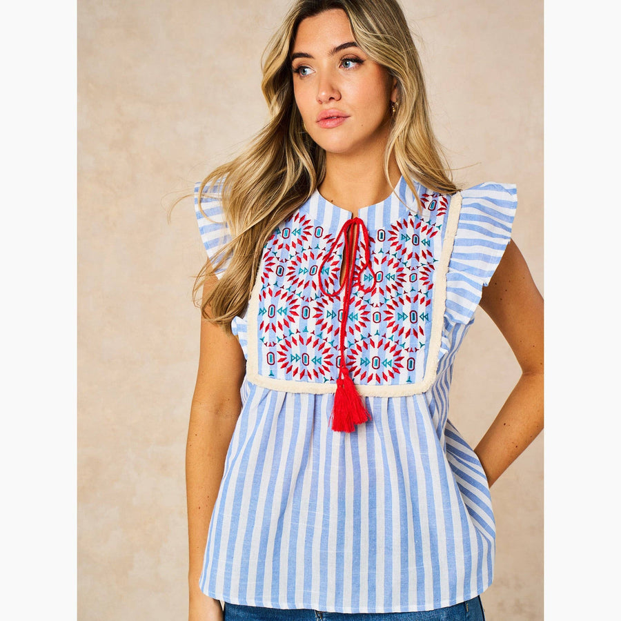 Embroidered Striped Ruffle Sleeve Cotton Shirt in Blue