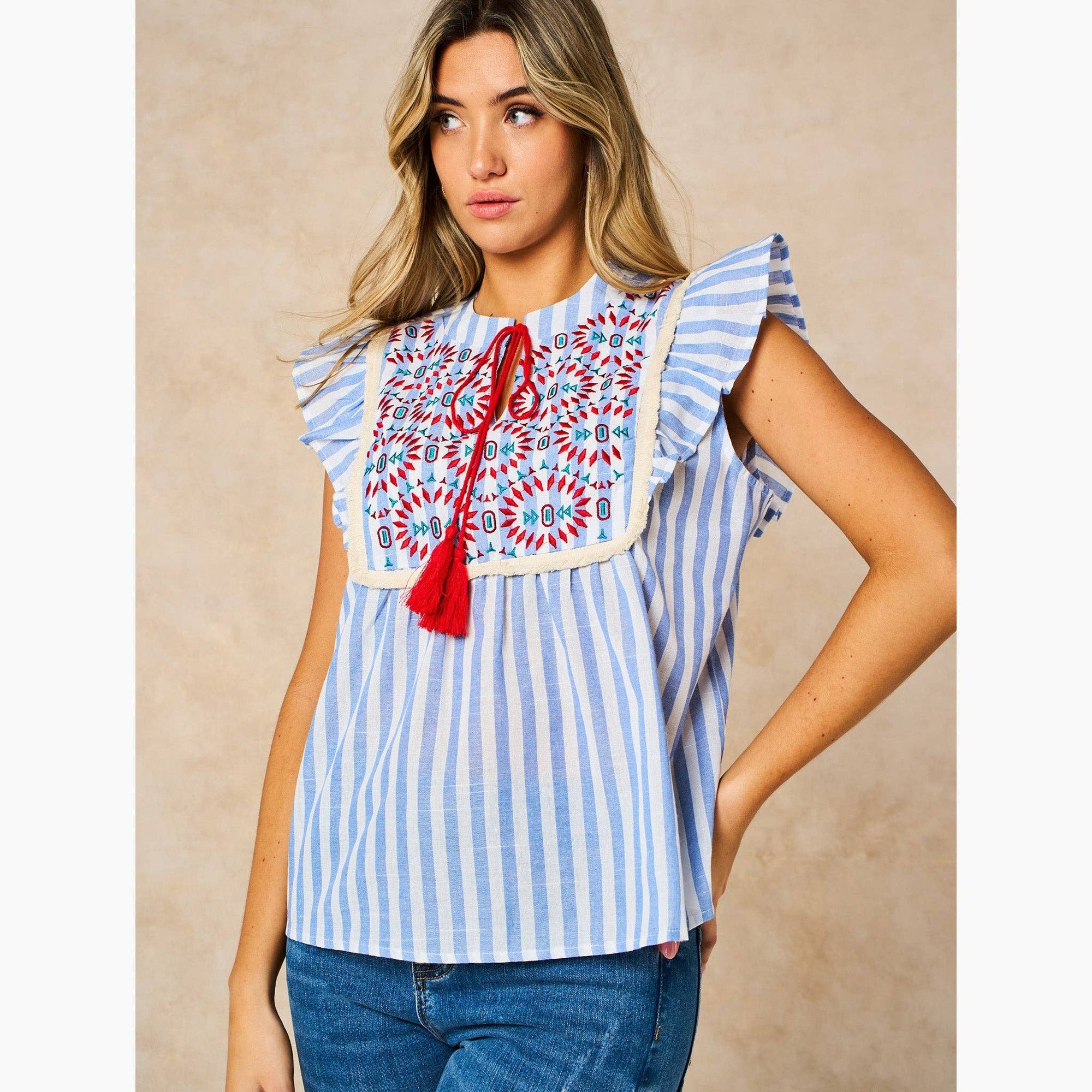 Embroidered Striped Ruffle Sleeve Cotton Shirt in Blue