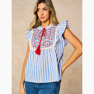 Embroidered Striped Ruffle Sleeve Cotton Shirt in Blue