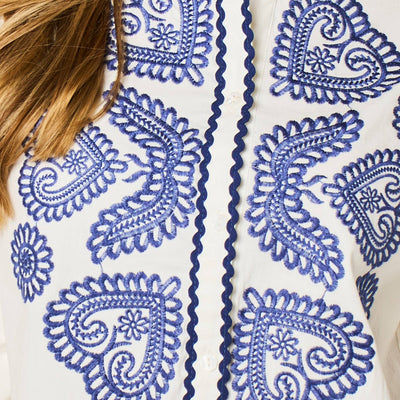 Embroidered Hearts Long Sleeve Cotton Shirt in White
