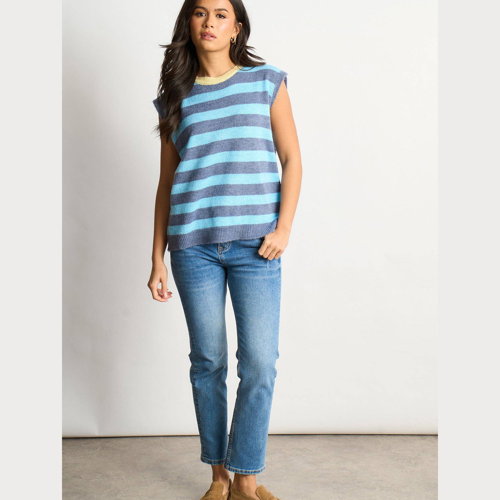 Striped Italian Wool Blend Tank Top in Blue