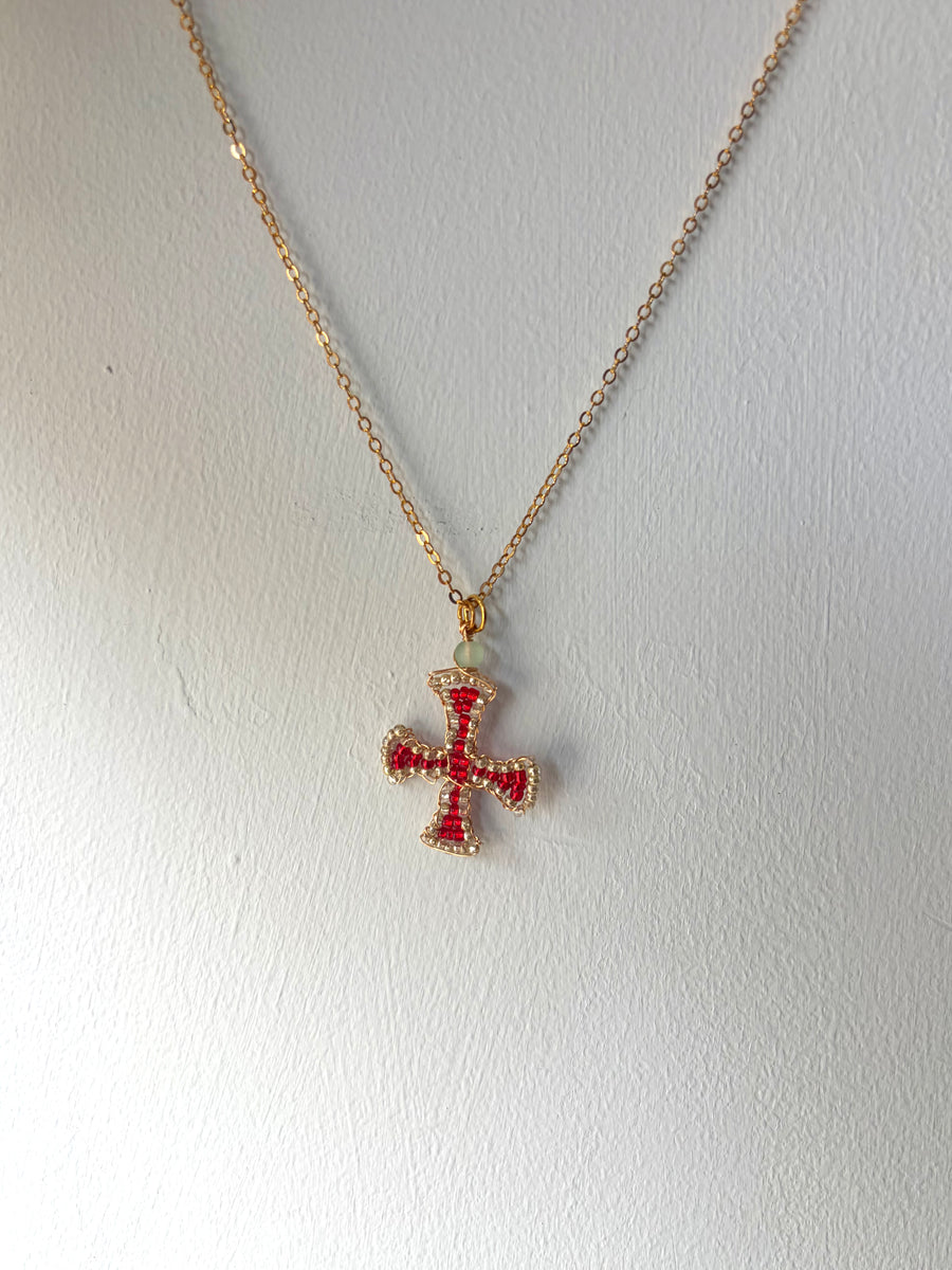 Hand beaded vermillion cross necklace