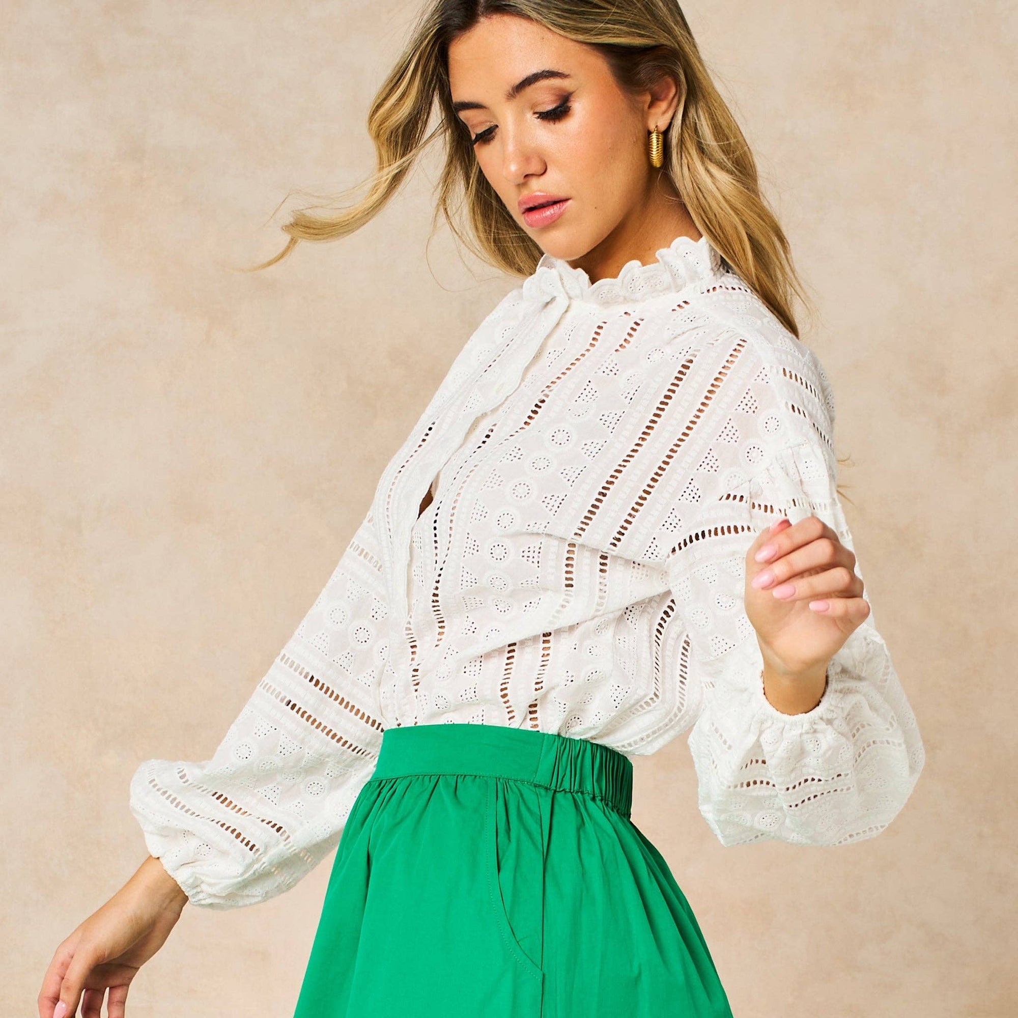 Embroidered Frilly Long Sleeve Cotton Shirt in White