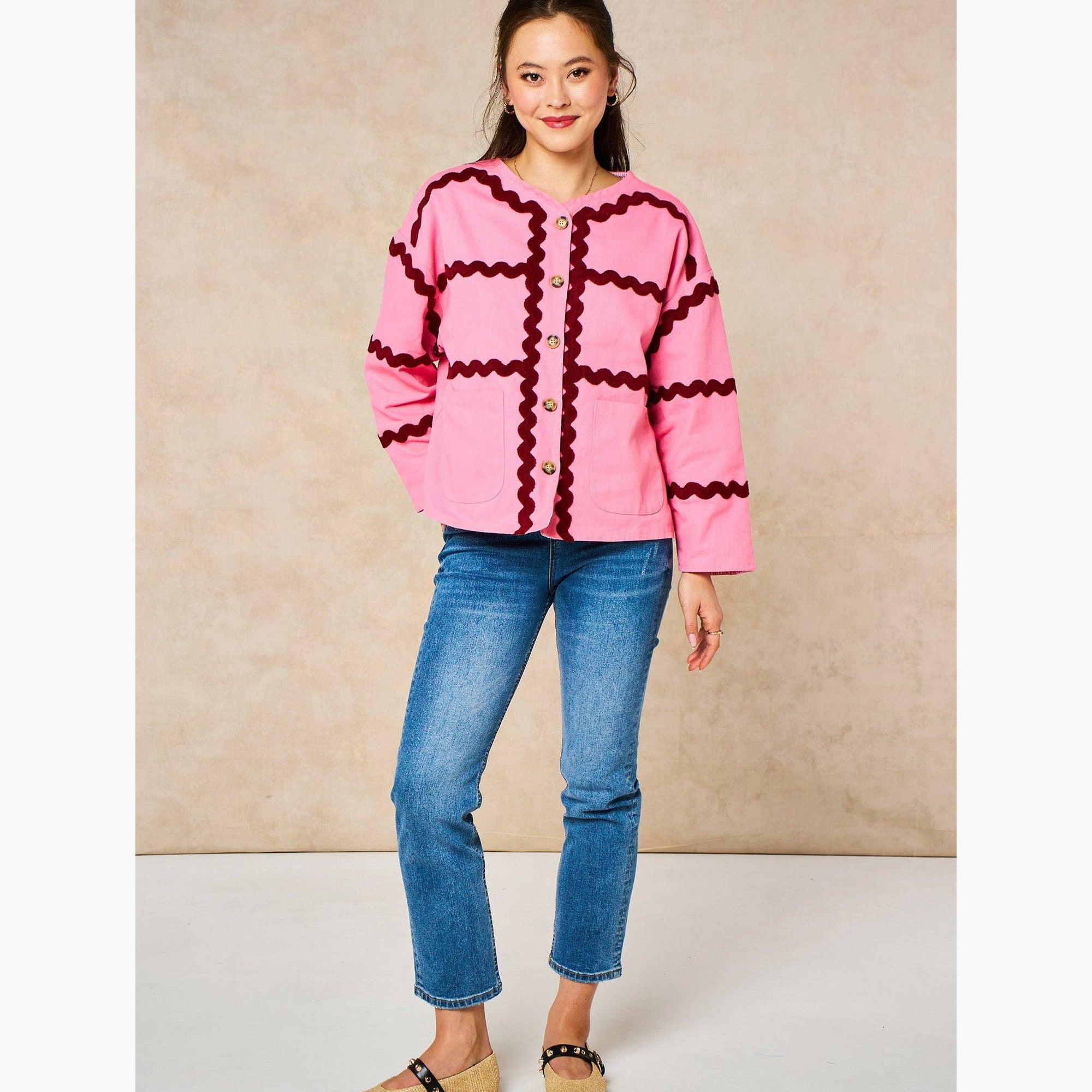 Wavy Trim Cotton Twill Jacket in Pink