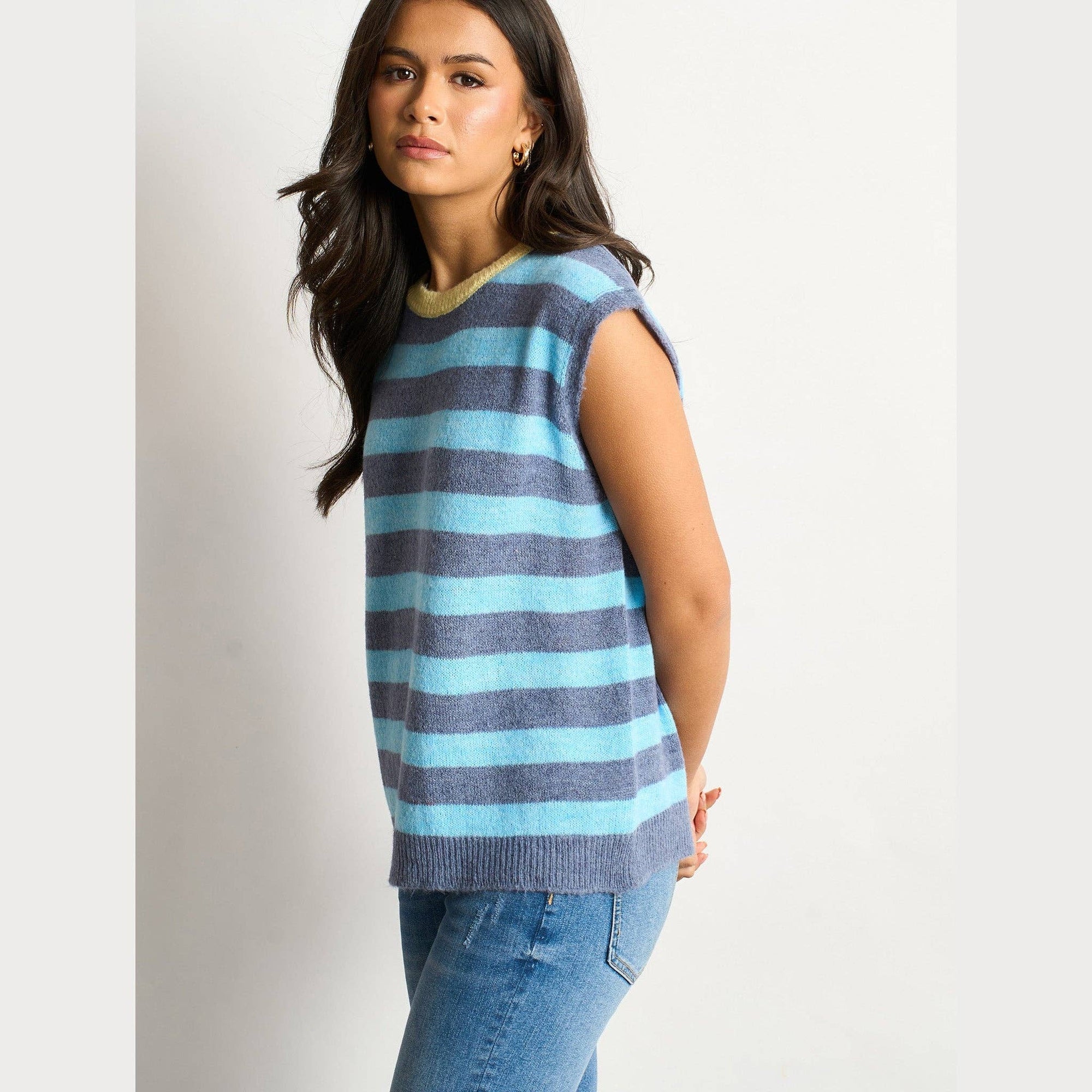 Striped Italian Wool Blend Tank Top in Blue