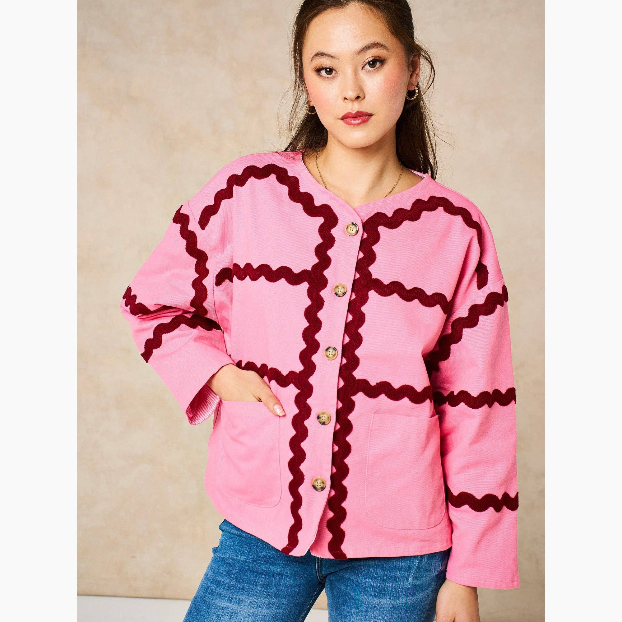 Wavy Trim Cotton Twill Jacket in Pink