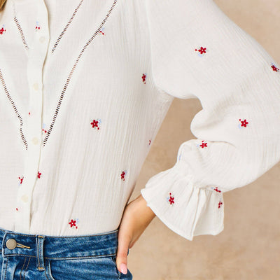 Floral Long Sleeve Double Gauze Cotton Shirt in White