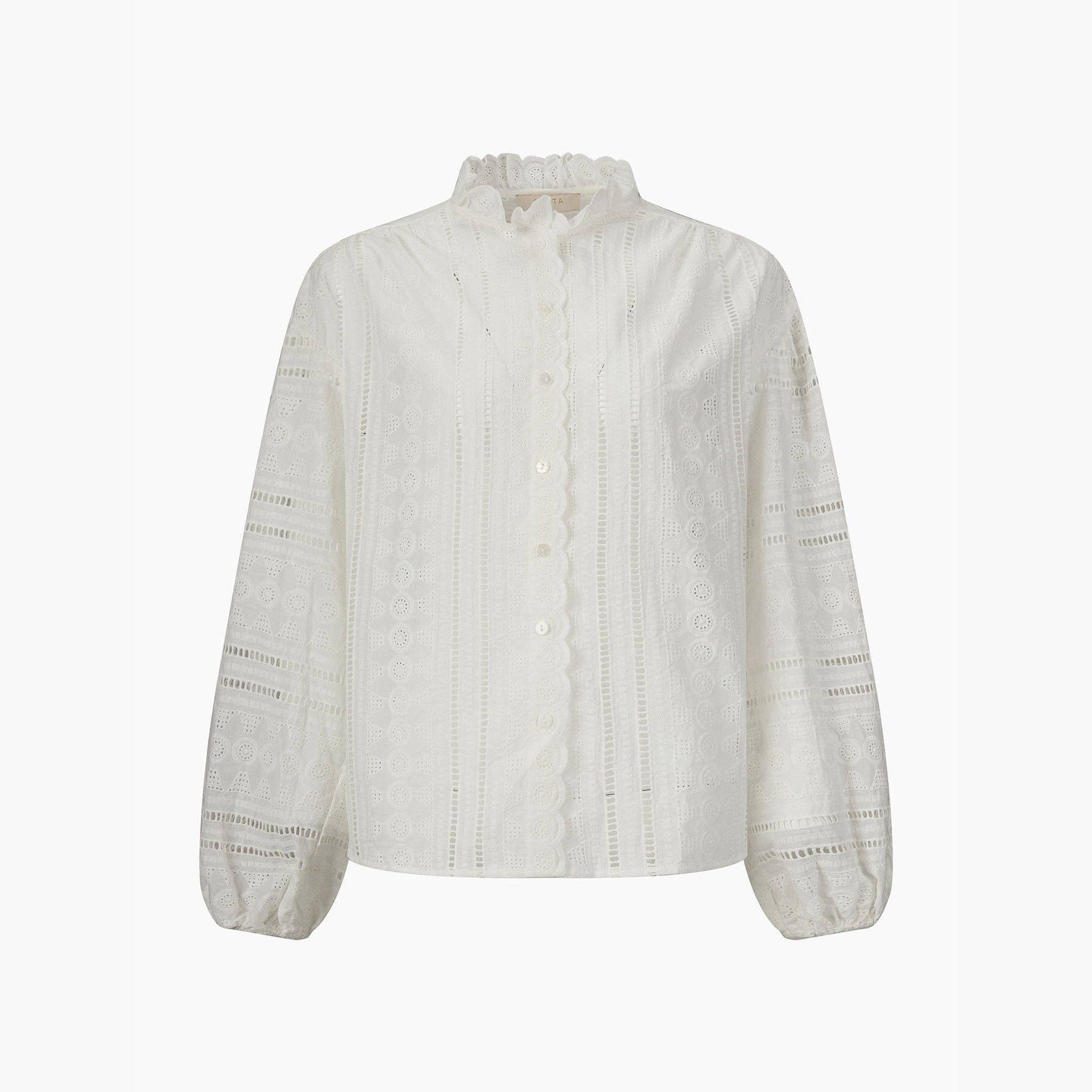 Embroidered Frilly Long Sleeve Cotton Shirt in White