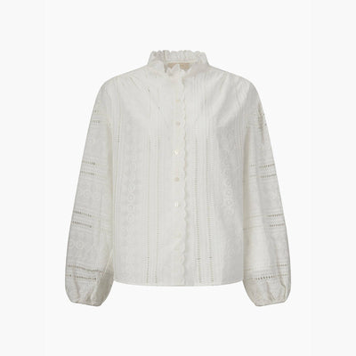 Embroidered Frilly Long Sleeve Cotton Shirt in White