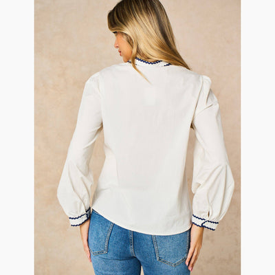Embroidered Hearts Long Sleeve Cotton Shirt in White