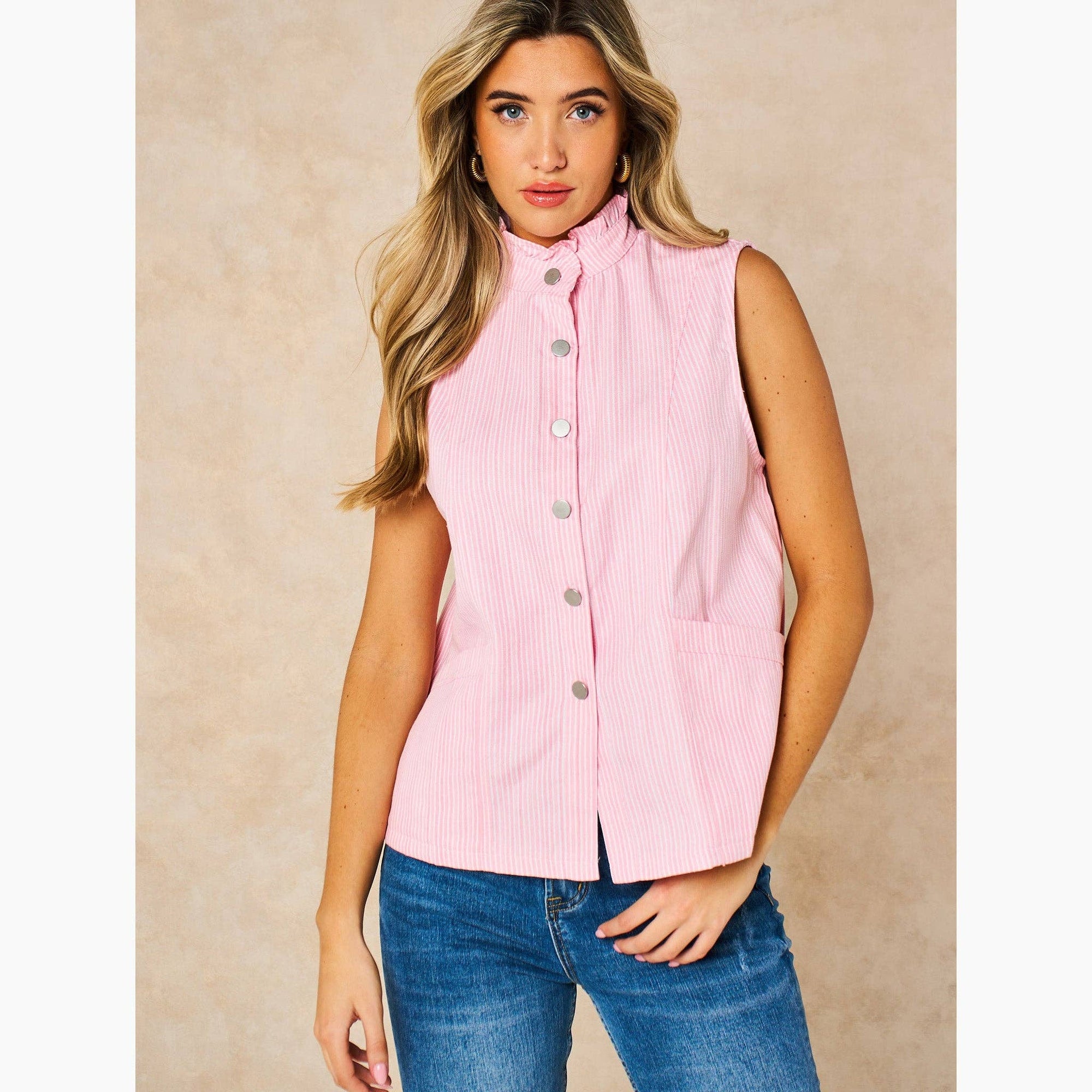 Candy Stripe Denim Gilet in Pink