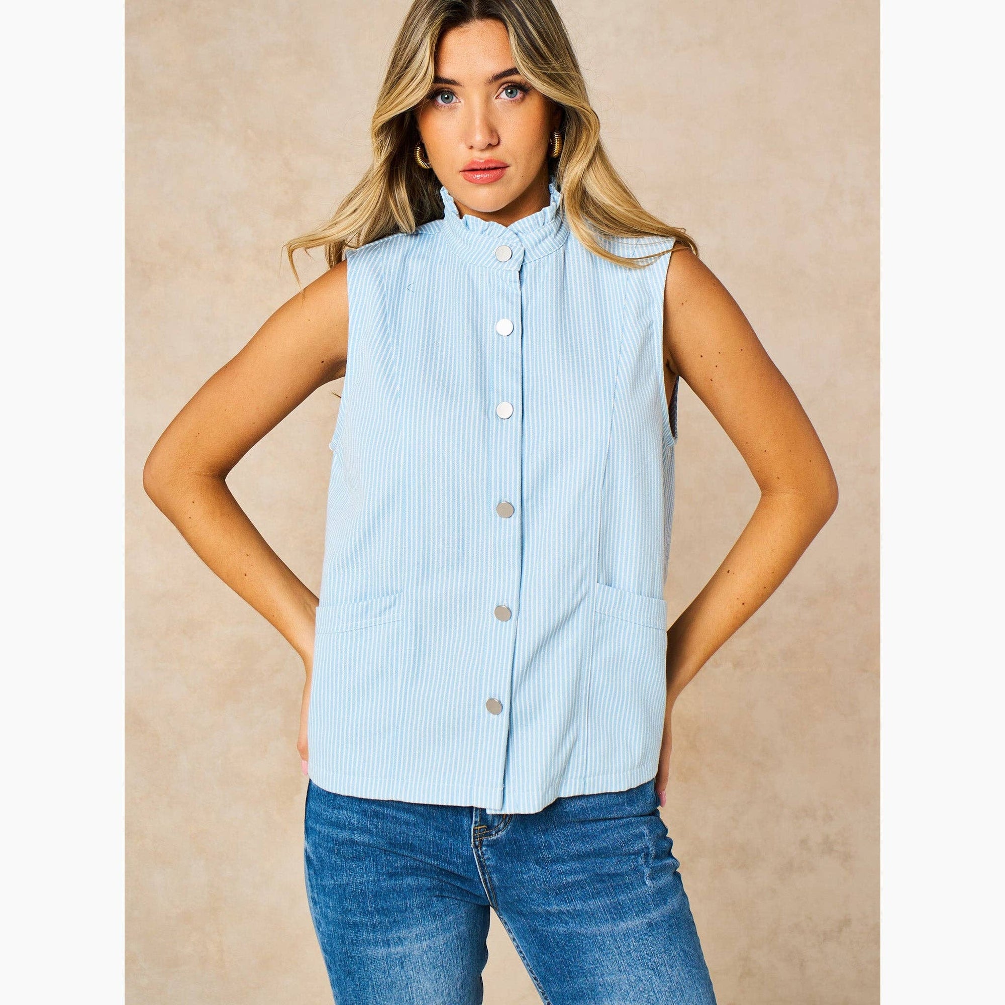 Candy Stripe Denim Gilet in Blue