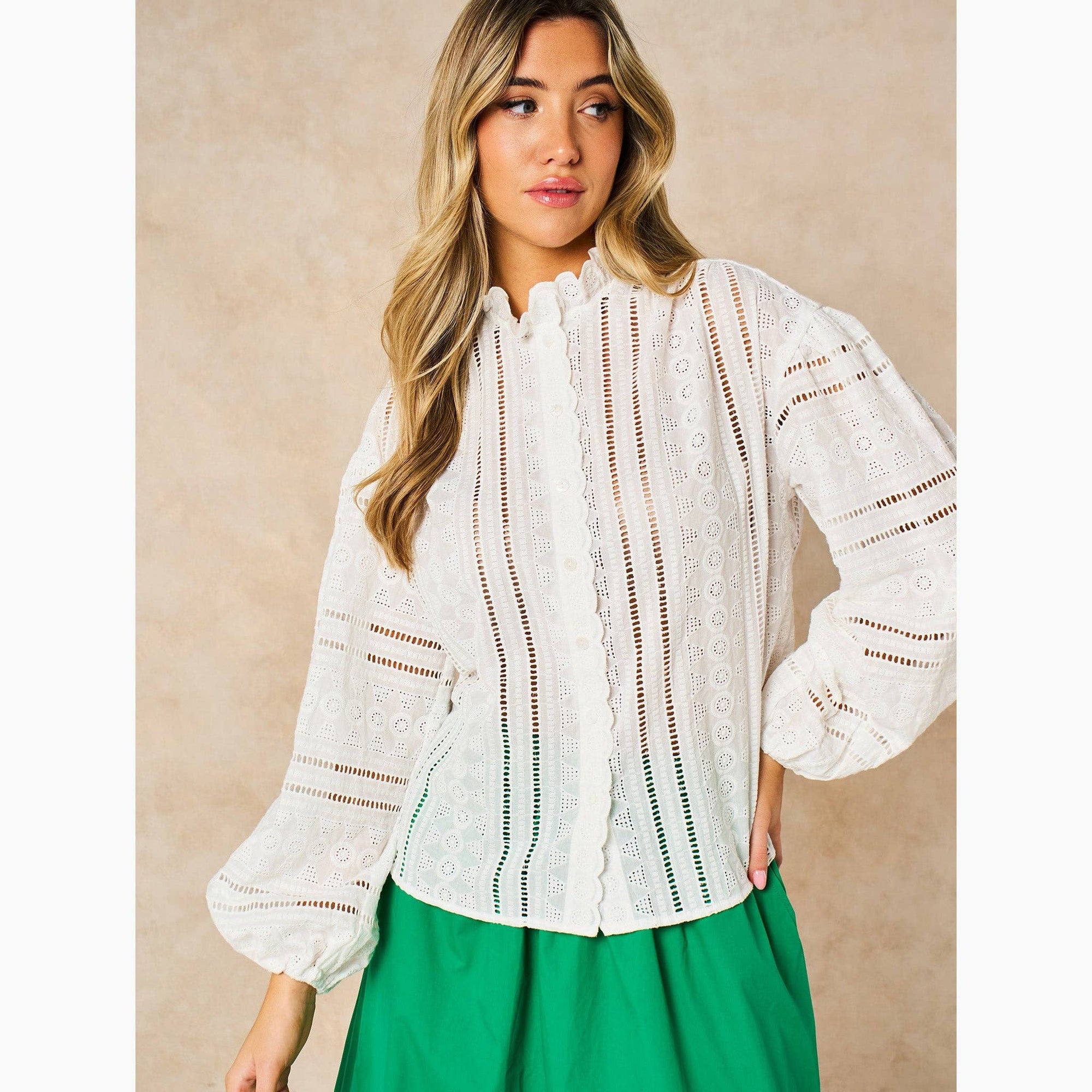 Embroidered Frilly Long Sleeve Cotton Shirt in White