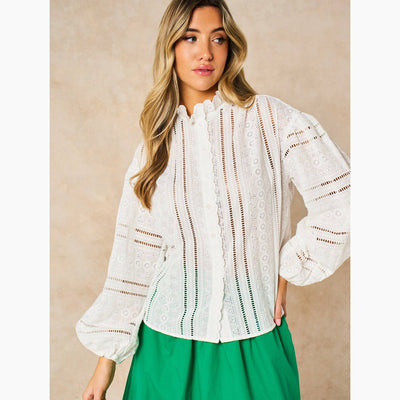 Embroidered Frilly Long Sleeve Cotton Shirt in White
