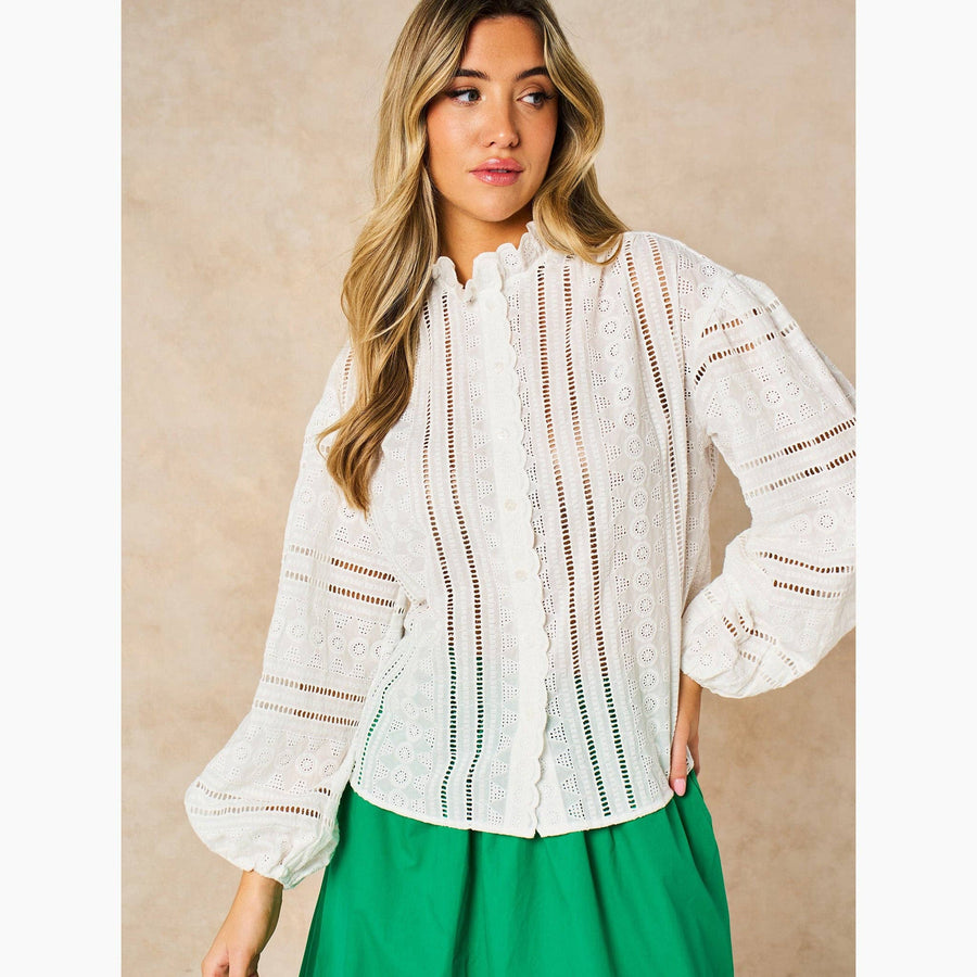 Embroidered Frilly Long Sleeve Cotton Shirt in White