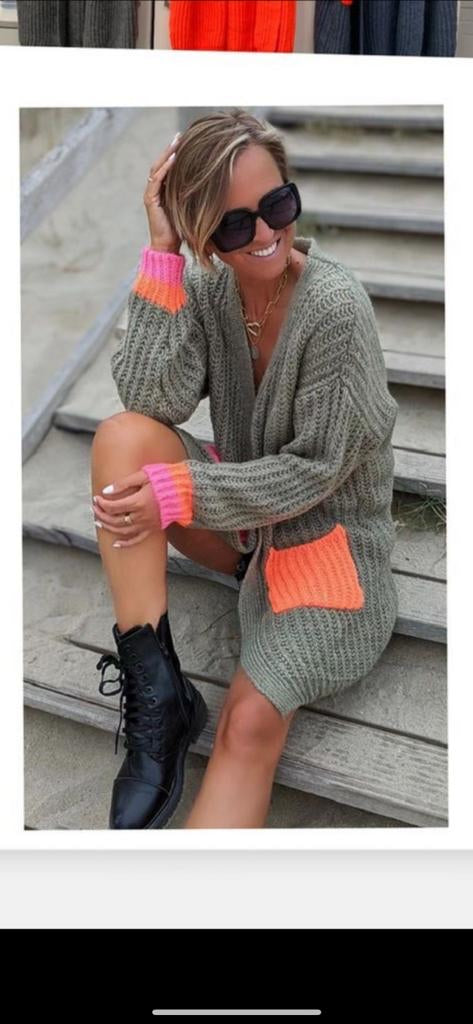 Neon Double Pocket Chunky Knit Cardigan