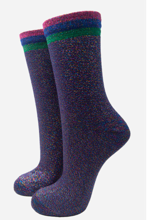 Navy Rainbow Cuff Glitter Sock