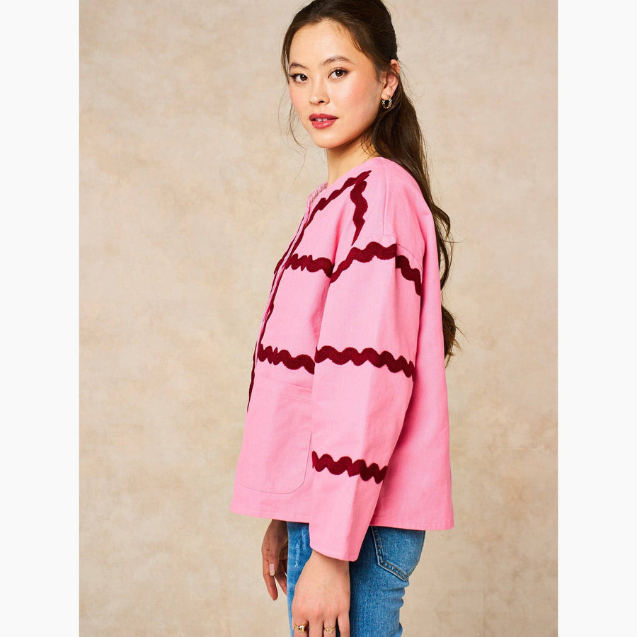 Wavy Trim Cotton Twill Jacket in Pink