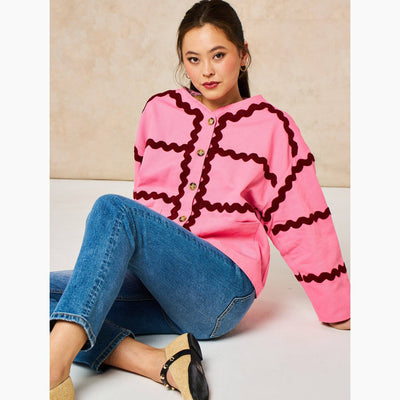 Wavy Trim Cotton Twill Jacket in Pink