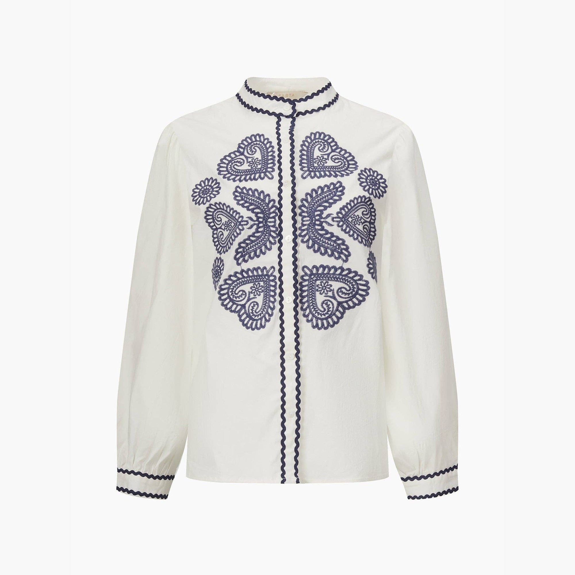 Embroidered Hearts Long Sleeve Cotton Shirt in White