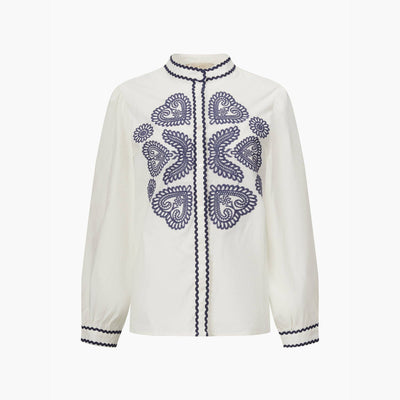 Embroidered Hearts Long Sleeve Cotton Shirt in White