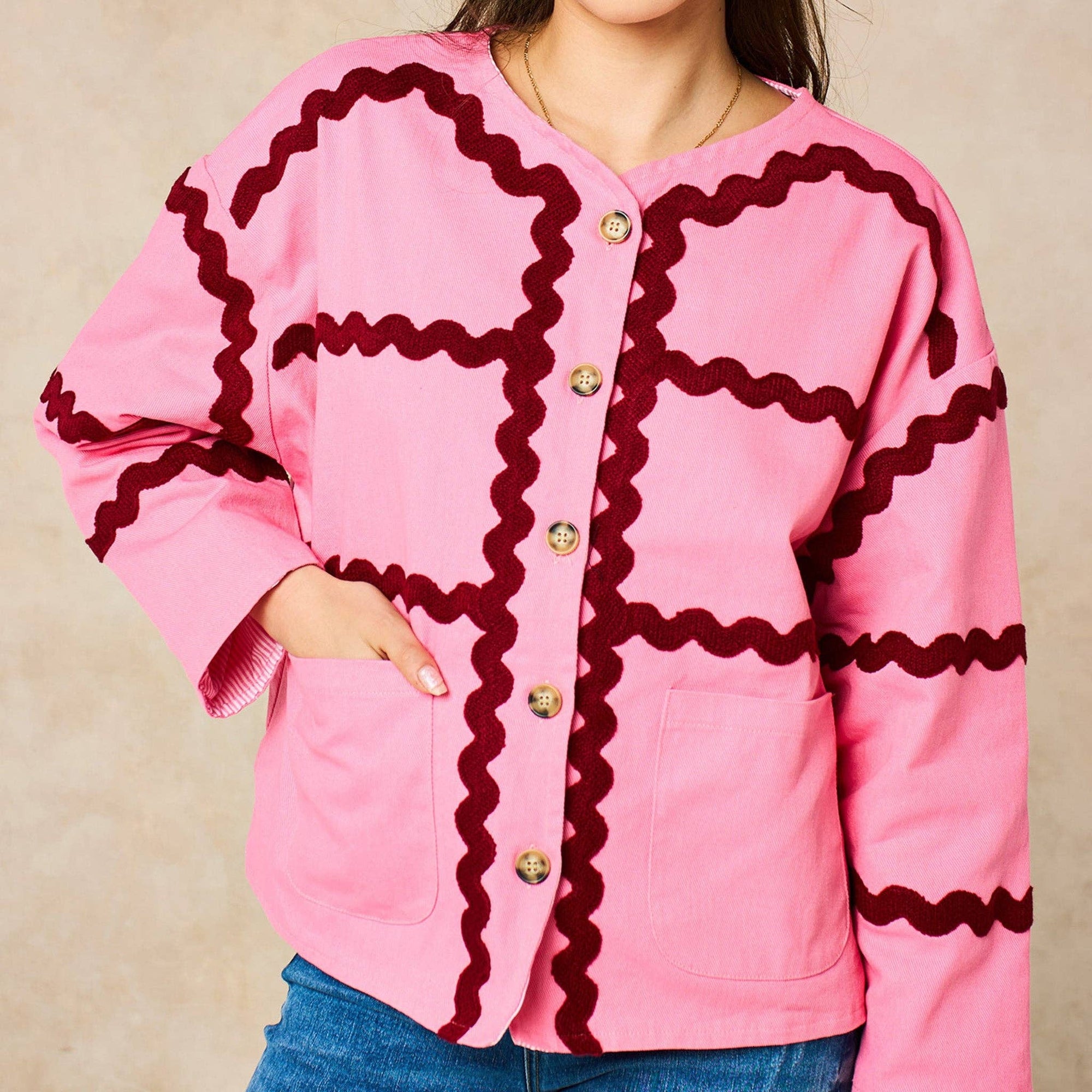 Wavy Trim Cotton Twill Jacket in Pink