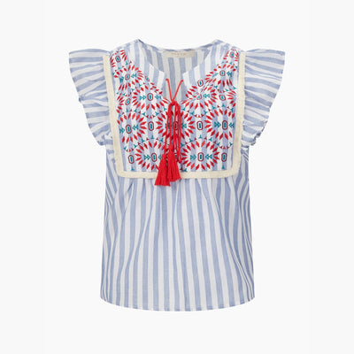 Embroidered Striped Ruffle Sleeve Cotton Shirt in Blue