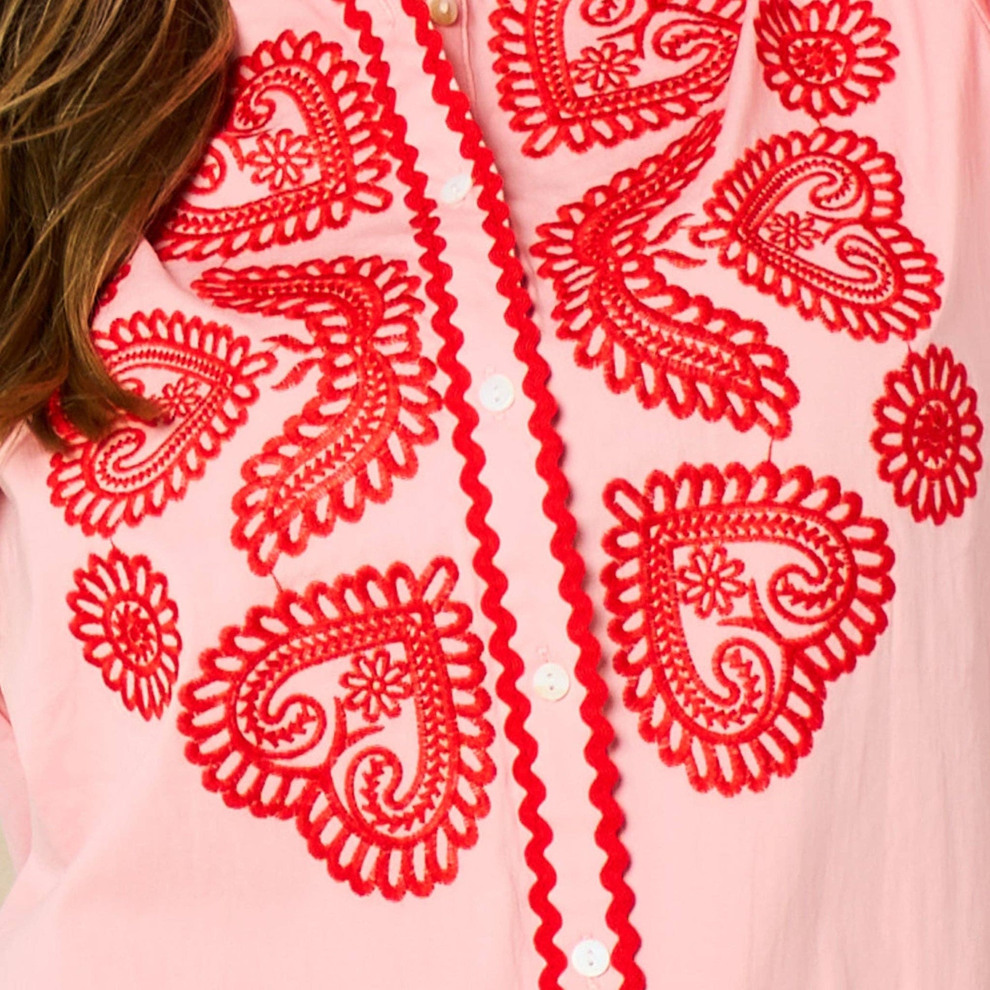Embroidered Hearts Long Sleeve Cotton Shirt in Pink
