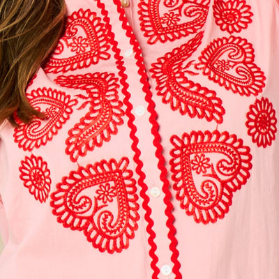 Embroidered Hearts Long Sleeve Cotton Shirt in Pink