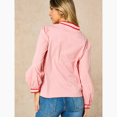Embroidered Hearts Long Sleeve Cotton Shirt in Pink