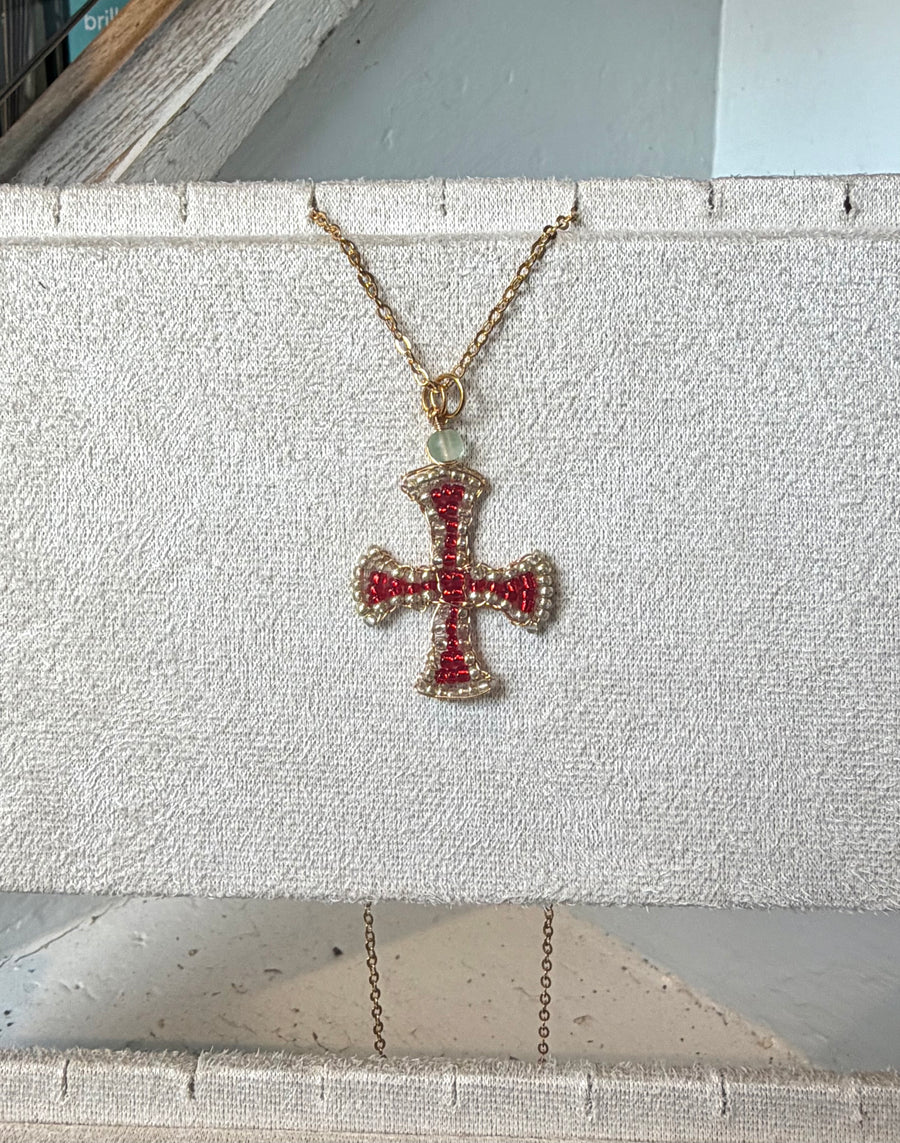 Hand beaded vermillion cross necklace