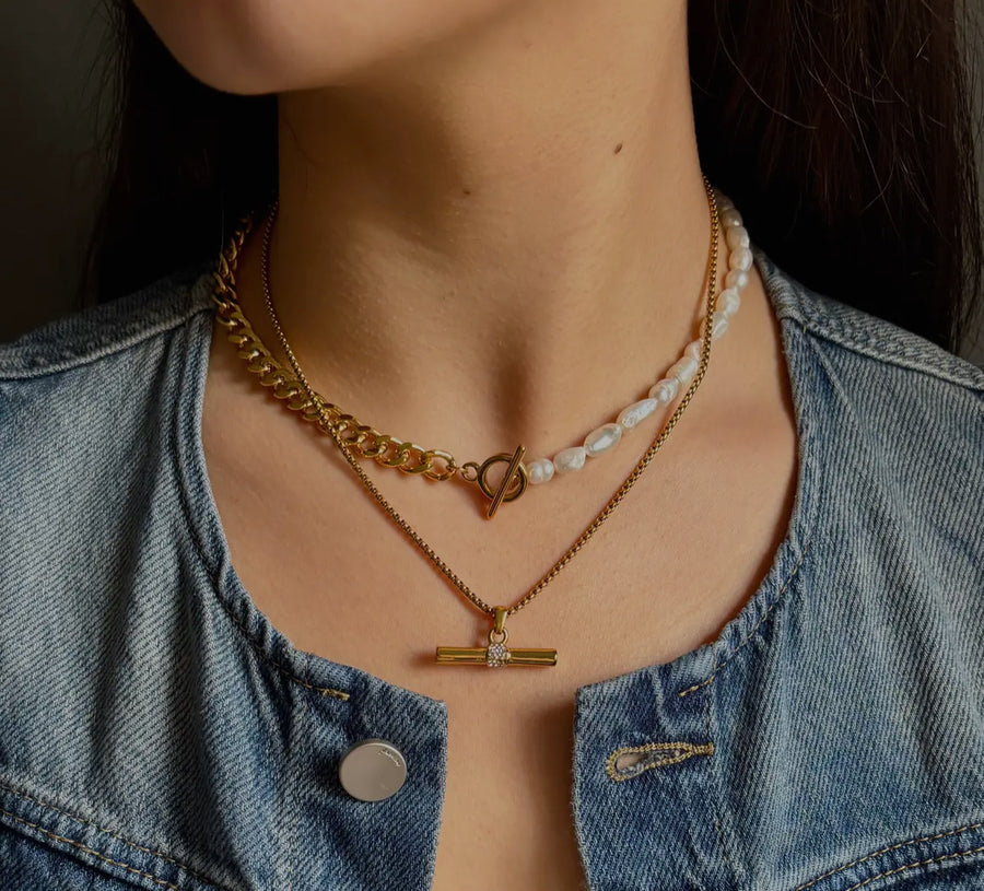 Fresh Water Pearl and Gold Plated Chain T Bar Necklace
