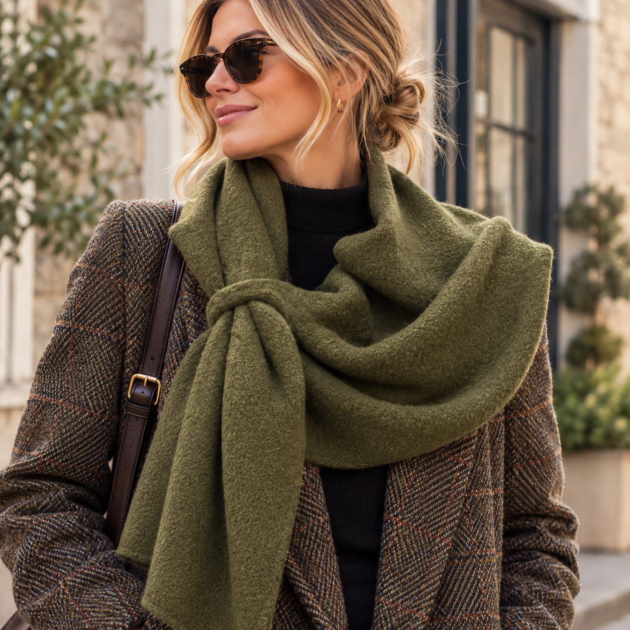 Plain Pull Through Knit Wool Blend Triangle Scarf Wrap - Army Green