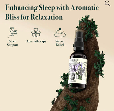 Aurina Pop UP Ltd Napiers Sleep Spray with sleep support and aromatherapy icons on a tree background