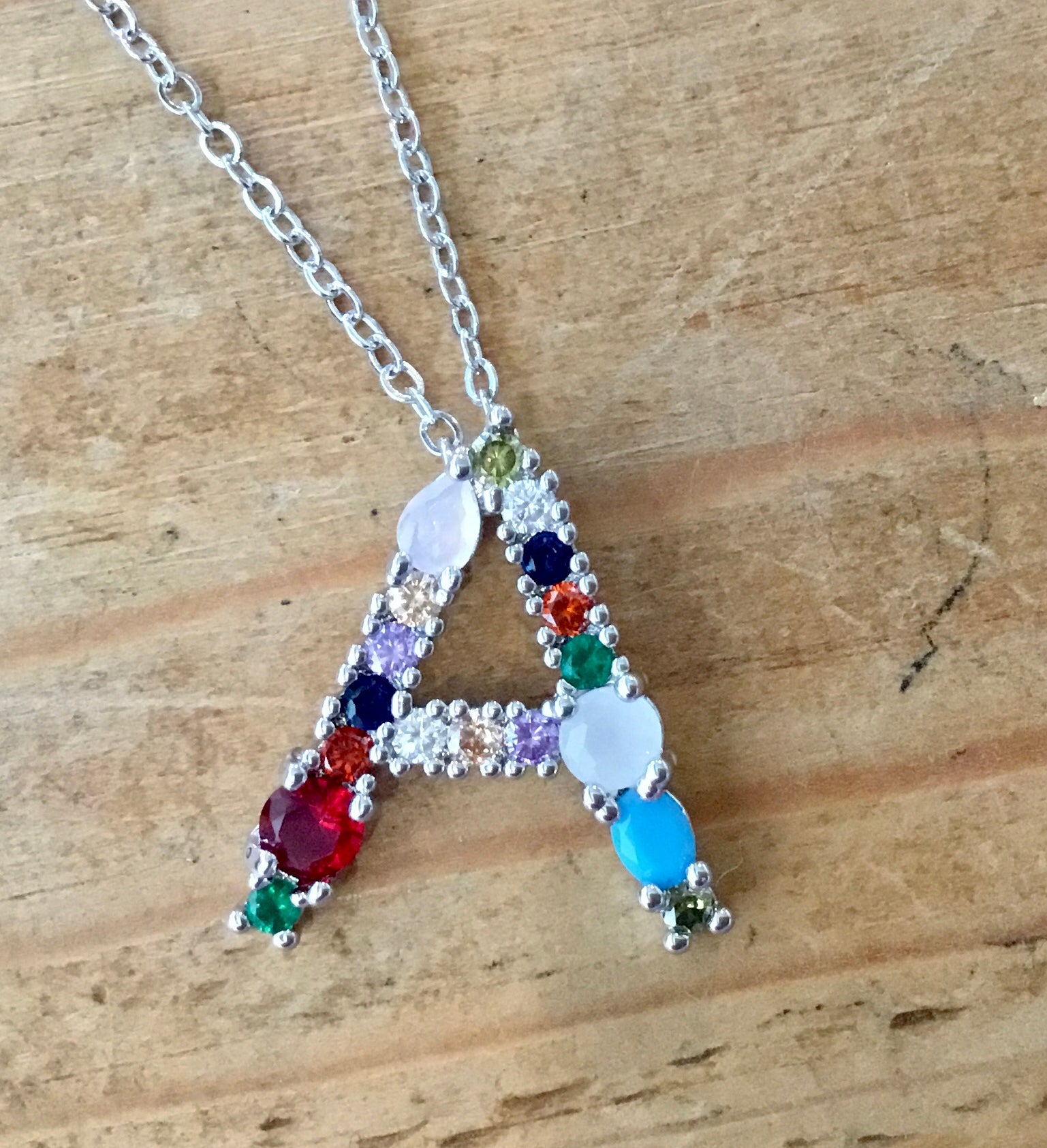 Silver  Gem Initial Necklace